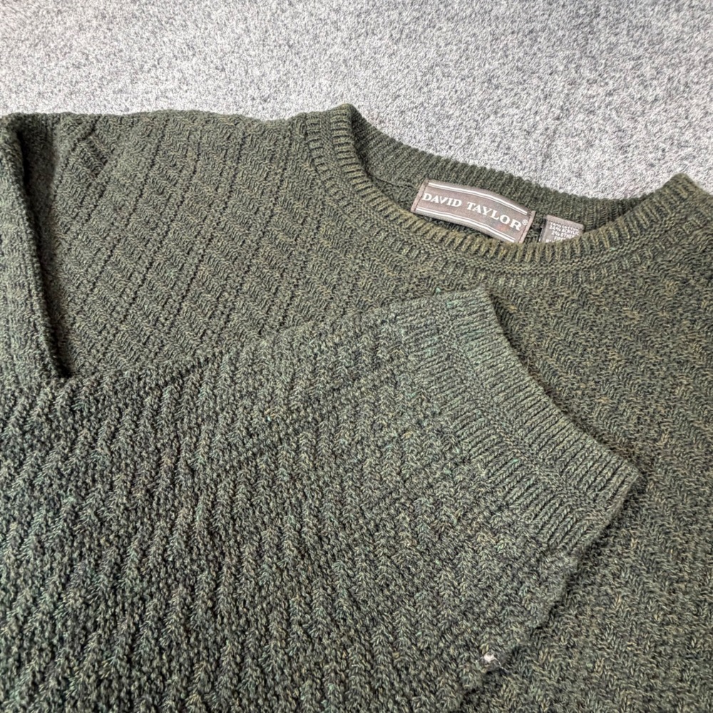 VTG David Taylor Mens XL Green Textured Ribbed Knit Crewneck Sweater Cotton USA
